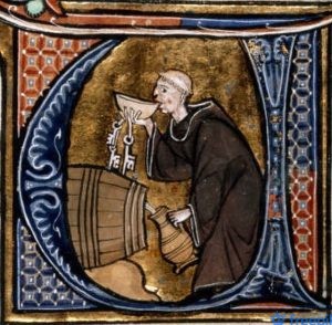 Medieval Monk Tasting wine from a barrel